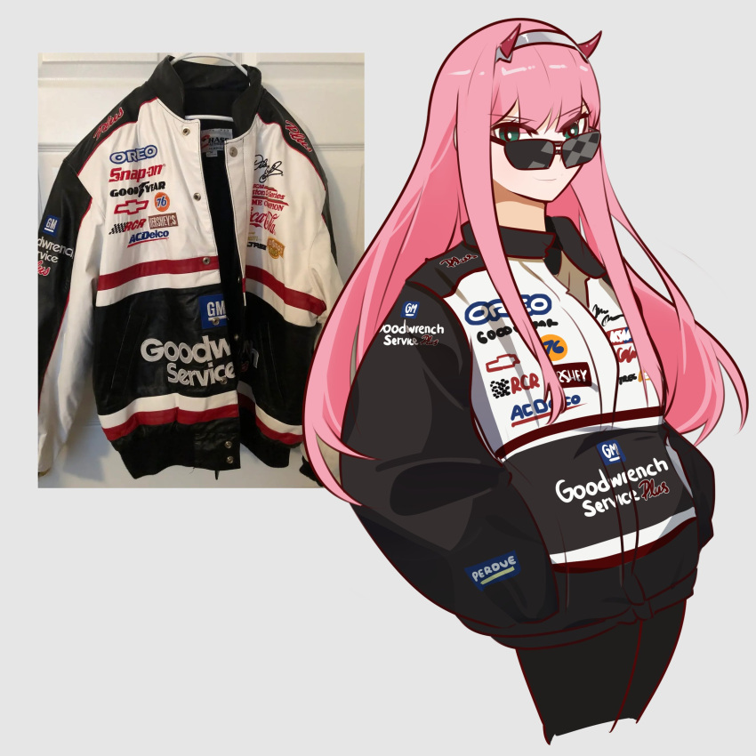 1girl absurdres black_shorts checkered_flag chevrolet darling_in_the_franxx flag general_motors goodyear green_eyes hershey's highres holeecrab horns long_hair looking_over_eyewear oni_horns oreo pink_hair racing racing_suit red_horns shorts silver_hairband simple_background solo sponsor straight_hair sunglasses white_background zero_two_(darling_in_the_franxx)