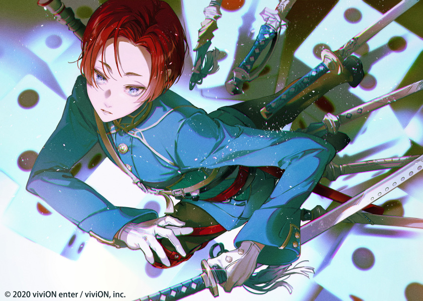 1boy blue_eyes clock_over_orquesta clothing_request gloves highres holding holding_sword holding_weapon long_sleeves male_focus official_art ponponpananda red_hair sakaki_yairo short_hair solo sword weapon white_background white_gloves