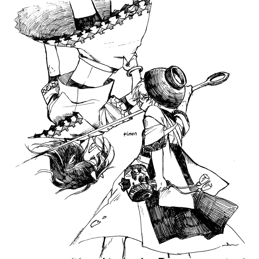 2girls arrow_print bangs bowl bowl_hat bracelet commentary greyscale grin hat highres horns japanese_clothes jewelry kijin_seija kimon_102 kimono long_sleeves looking_at_viewer miracle_mallet monochrome multiple_girls needle_sword sharp_teeth shirt short_hair simple_background skirt smile sukuna_shinmyoumaru symbol-only_commentary teeth touhou upside-down
