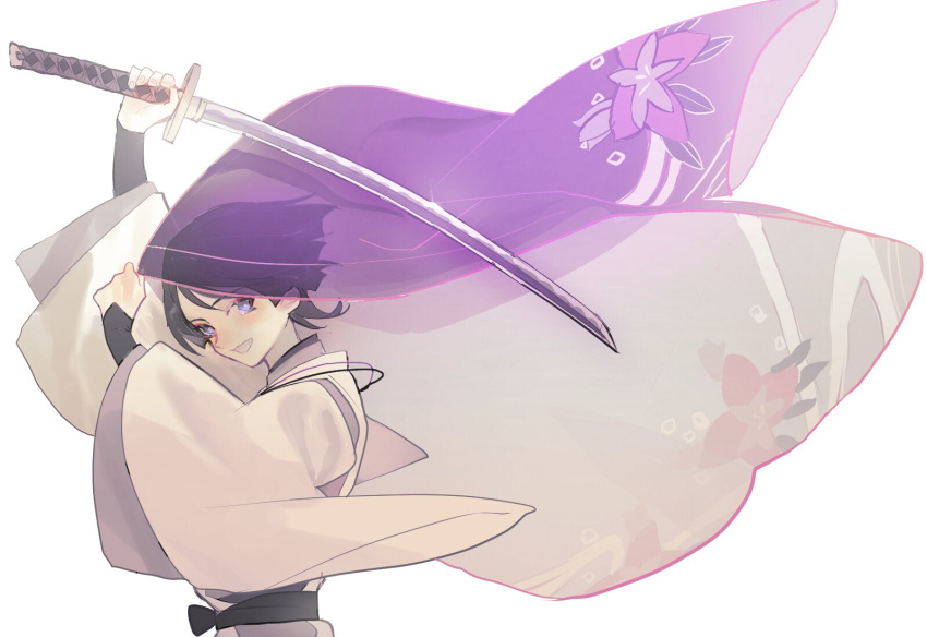 1boy arm_above_head black_hair blue_eyes blunt_ends floral_print genshin_impact haori highres holding holding_sword holding_weapon japanese_clothes katana long_sleeves looking_at_viewer male_focus open_mouth scaramouche_(genshin_impact) scaramouche_(kabukimono)_(genshin_impact) short_hair smile solo sword talesofmea upper_body weapon white_background wide_sleeves