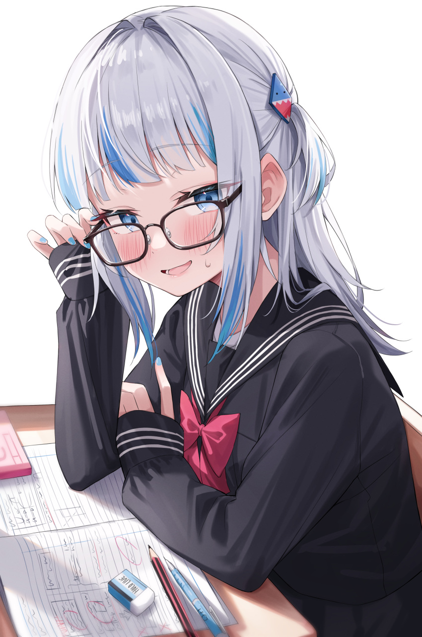 1girl absurdres adjusting_eyewear bangs black_sailor_collar black_serafuku blue_eyes blue_hair blue_nails blunt_bangs blush bow bowtie commentary desk eraser flying_sweatdrops gawr_gura glasses green_tea_(greente42869067) grey_hair hair_intakes hair_ornament highres hololive hololive_english long_hair long_sleeves looking_at_viewer multicolored_hair on_chair one_side_up open_mouth pen pencil red_bow red_bowtie sailor_collar school_desk school_uniform serafuku shark_hair_ornament sidelocks simple_background sitting sleeves_past_wrists solo streaked_hair sweatdrop virtual_youtuber white_background