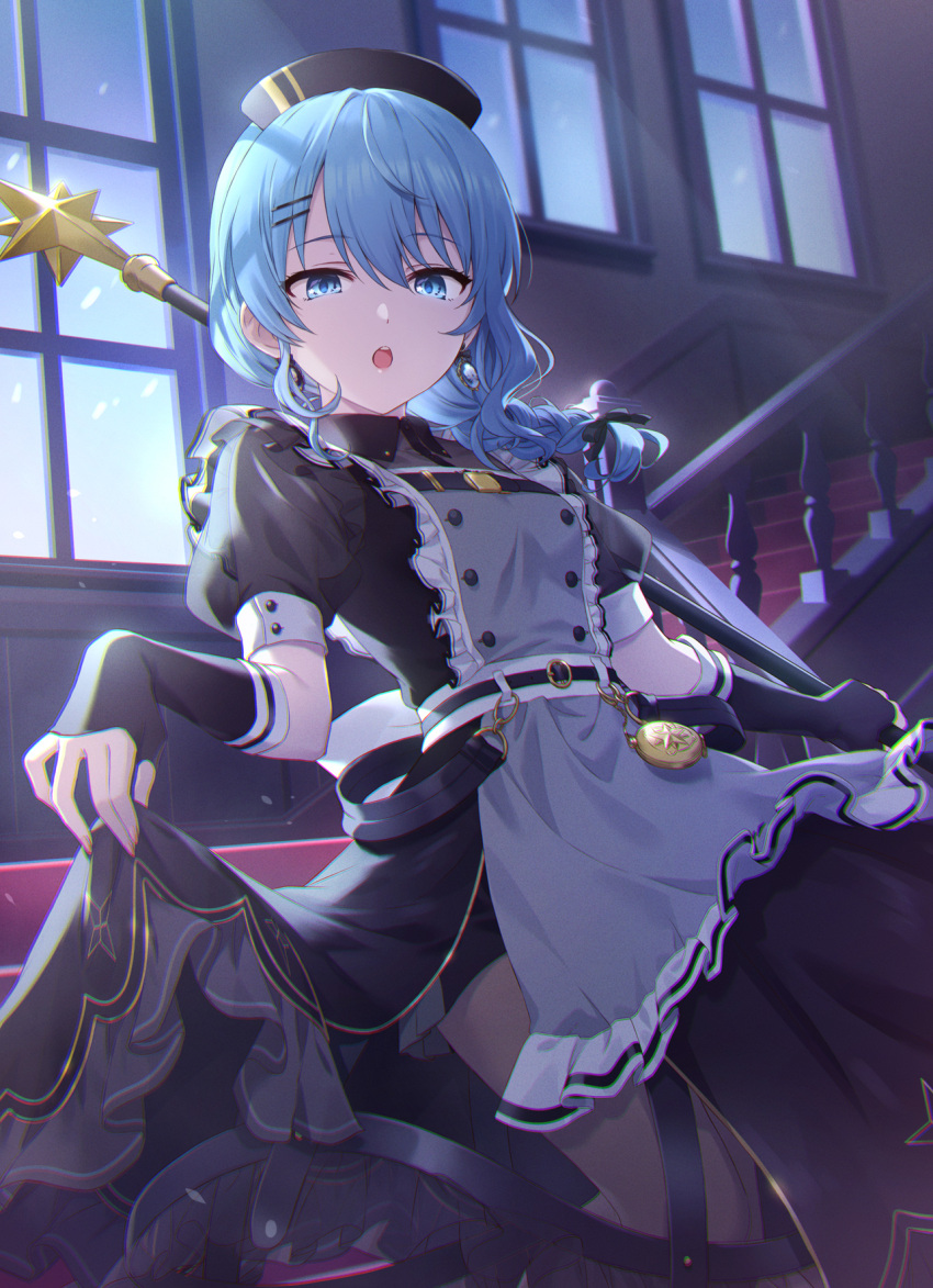 1girl apron bangs black_bow black_dress black_gloves black_headwear blue_eyes blue_hair bow braid braided_ponytail clothes_lift dress dress_lift earrings fingerless_gloves frilled_apron frills gloves grey_apron hair_between_eyes hair_bow hair_ornament hairclip highres holding holding_polearm holding_weapon hololive hoshimachi_suisei jewelry lifted_by_self looking_at_viewer medium_hair mikami_(mcm_ncb) open_mouth polearm short_sleeves solo star_(symbol) star_in_eye symbol_in_eye virtual_youtuber weapon