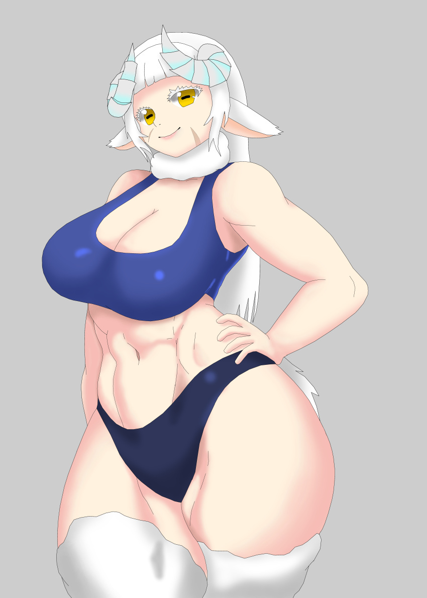 absurd_res big_breasts big_butt bovid bra breasts butt caprine clothing female guilgamesh hair hi_res horn humanoid mammal pose sheep solo sports_bra sports_panties thick_thighs underwear white_hair white_horn yellow_eyes