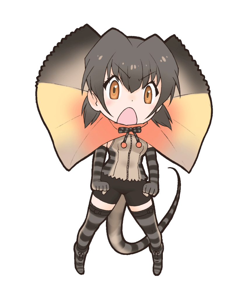 1girl bare_shoulders black_hair brown_eyes collar elbow_gloves frilled_collar frilled_lizard_(kemono_friends) frills gloves highres kemono_friends kneehighs lizard_tail looking_at_viewer official_art open_mouth ribbon shirt shoes short_hair shorts sleeveless sleeveless_shirt socks solo tail transparent_background yoshizaki_mine