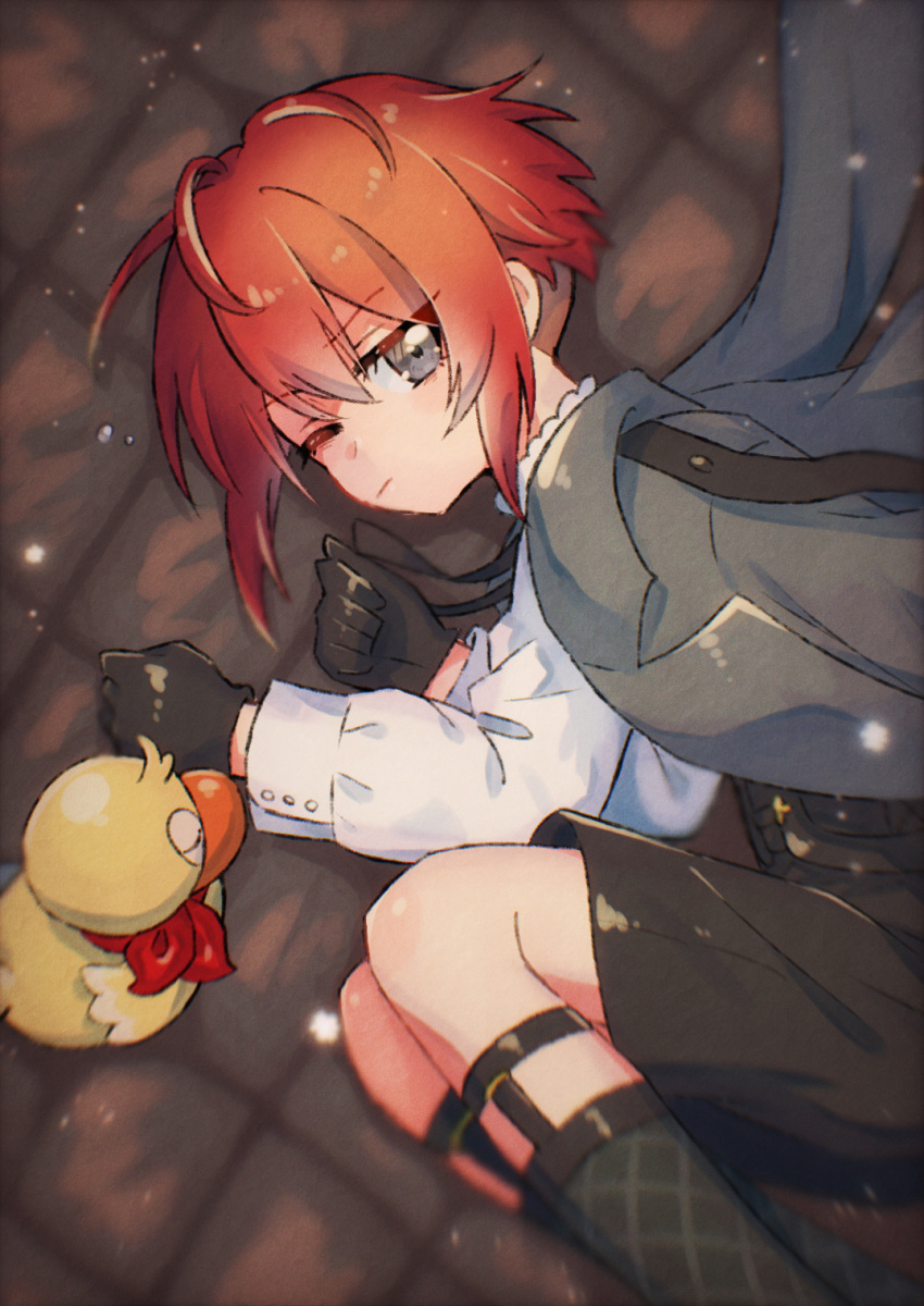 1boy black_gloves black_shorts black_socks bridal_garter brown_eyes clock_over_orquesta closed_mouth coat coat_on_shoulders fuwa_tokihito gloves highres long_sleeves looking_at_viewer male_child male_focus one_eye_closed red_hair shirt shorts socks solo usiusi_nanas white_shirt