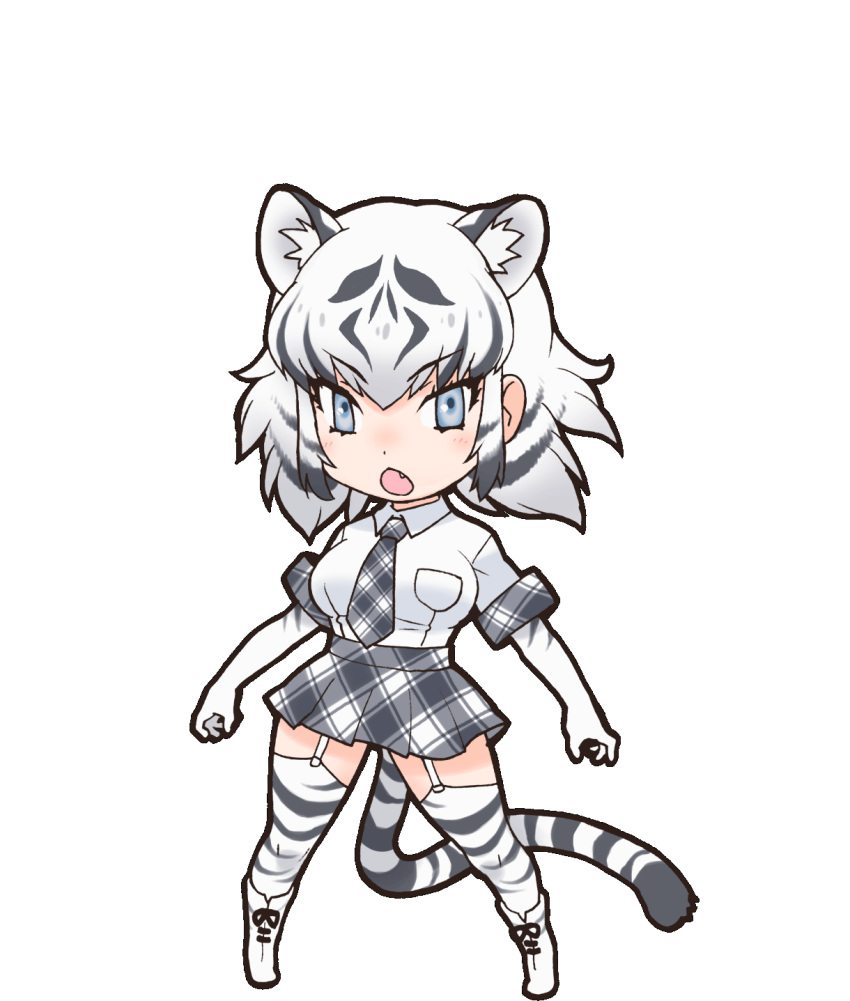 1girl animal_ear_fluff animal_ears blue_eyes elbow_gloves extra_ears gloves highres kemono_friends kneehighs looking_at_viewer necktie official_art open_mouth shirt shoes short_hair skirt socks solo tail tiger_ears tiger_girl tiger_tail transparent_background white_tiger_(kemono_friends) yoshizaki_mine