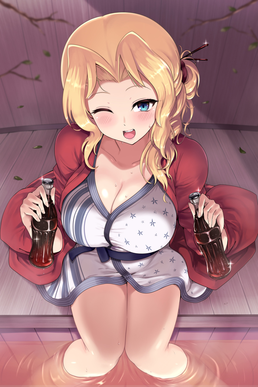 1girl bath_yukata blonde_hair blue_eyes bottle breasts coca-cola collarbone girls_und_panzer hair_intakes haori highres holding holding_bottle japanese_clothes kasai_shin kay_(girls_und_panzer) kimono large_breasts long_hair looking_at_viewer one_eye_closed onsen open_mouth round_teeth sash sitting smile soaking_feet solo sweat teeth upper_teeth_only yukata