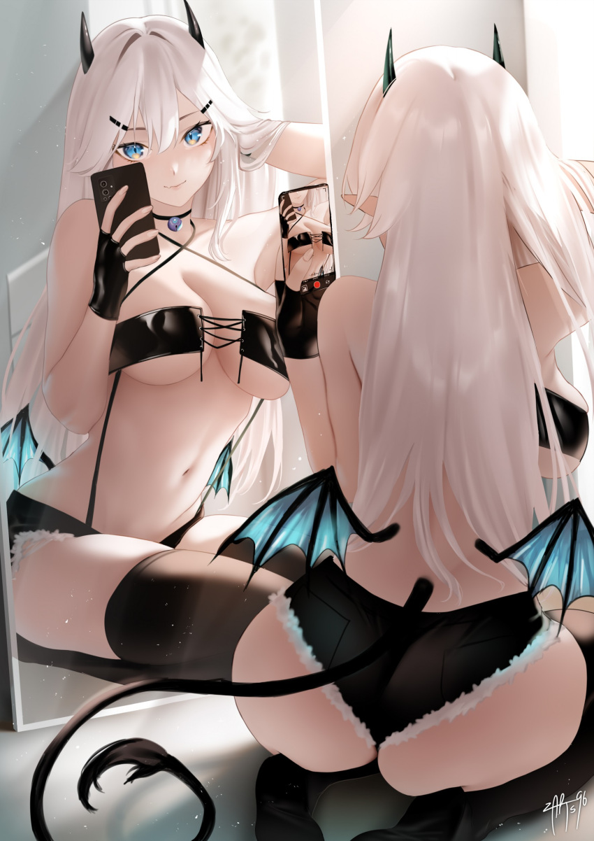 1girl absurdres ass backboob black_thighhighs blue_eyes breasts cellphone_picture choker cleavage closed_mouth criss-cross_halter cutoffs demon_girl demon_horns demon_tail demon_wings hair_between_eyes halterneck highres horns large_breasts long_hair looking_at_viewer low_wings navel pointy_ears reflection seiza selfie short_shorts shorts sitting smile strap_gap tail thighhighs vei_(vtuber) virtual_youtuber vshojo white_hair wings zasshu