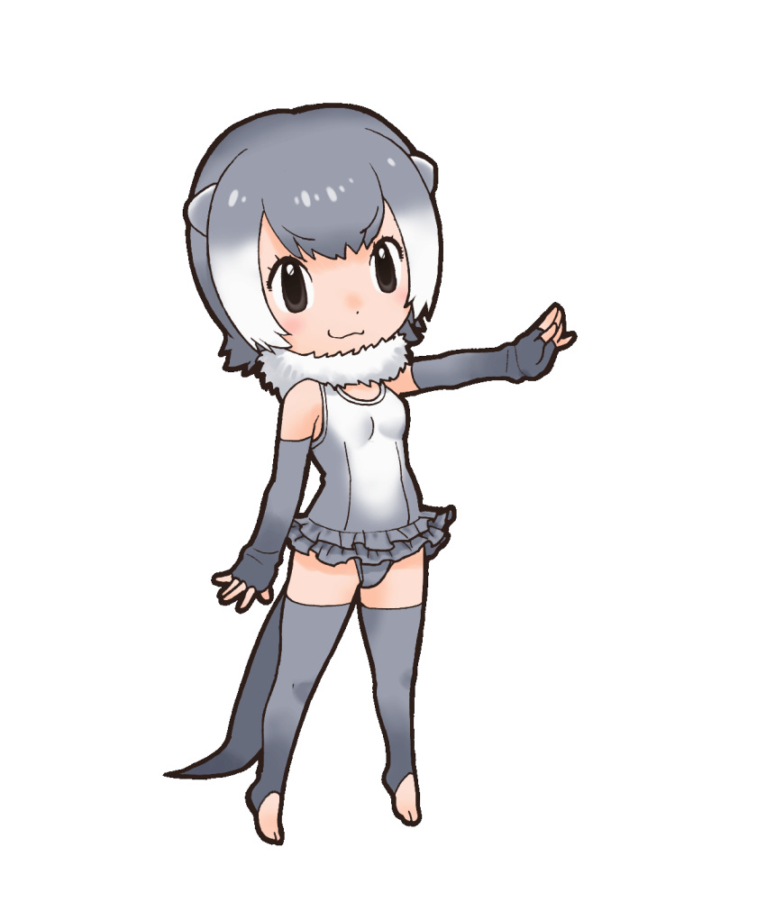 1girl animal_ears bare_shoulders black_gloves closed_mouth elbow_gloves extra_ears gloves grey_hair highres kemono_friends kneehighs looking_at_viewer official_art one-piece_swimsuit otter_ears otter_girl otter_tail short_hair small-clawed_otter_(kemono_friends) socks solo swimsuit tail transparent_background yoshizaki_mine