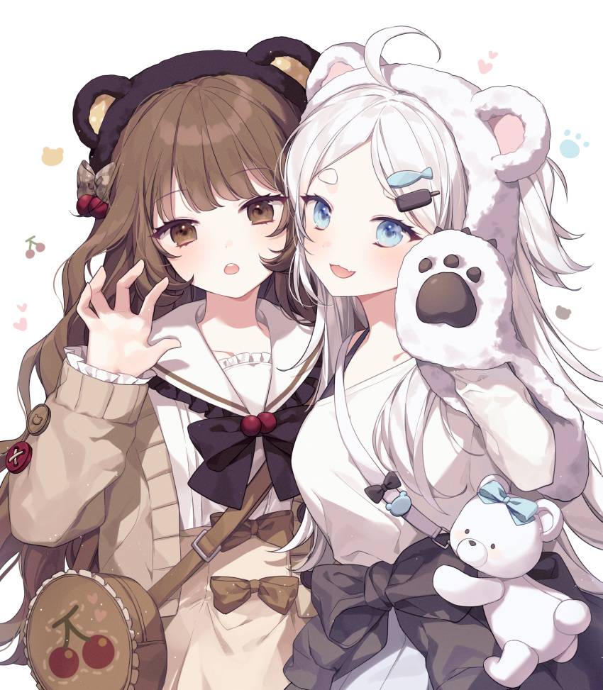 2girls :d ahoge animal_bag animal_ears bag bangs bear_ears bear_hat black_bow black_headwear blue_eyes bow brown_bow brown_eyes brown_hair brown_jacket brown_skirt commentary eyebrows_hidden_by_hair fake_animal_ears fang fish_hair_ornament frilled_sailor_collar frilled_sleeves frills hair_ornament hand_up heart high-waist_skirt highres jacket long_hair long_sleeves moffle_(ayabi) multiple_girls open_clothes open_jacket original parted_bangs pleated_skirt romaji_commentary sailor_collar shirt short_eyebrows shoulder_bag simple_background skirt sleeves_past_wrists smile thick_eyebrows very_long_hair white_background white_hair white_headwear white_sailor_collar white_shirt white_skirt