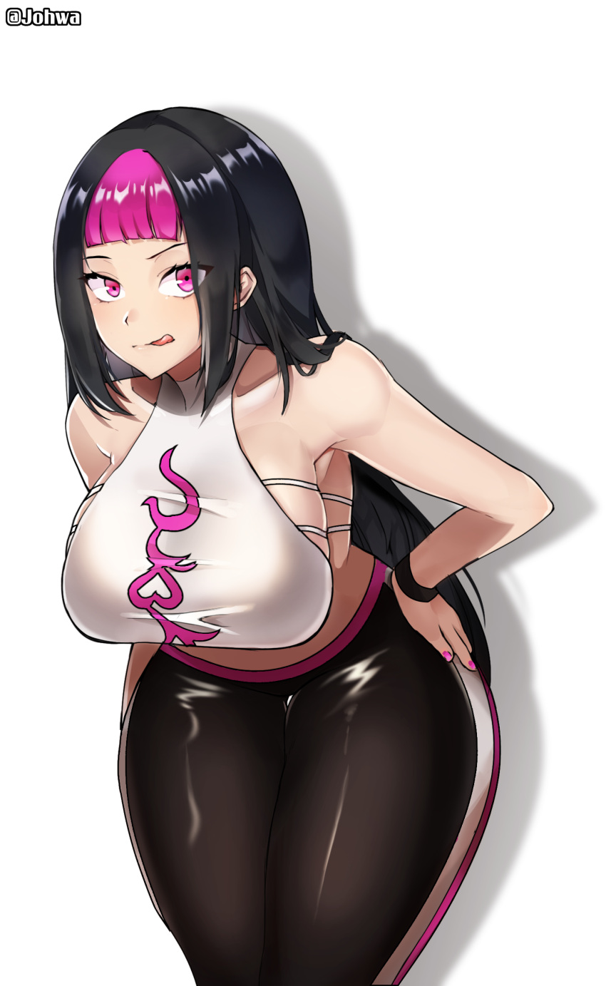 1girl absurdres artist_name bangs bare_shoulders black_hair breasts closed_mouth han_juri highres johwa_(1n33dyour1ov3) large_breasts leaning_forward licking_lips multicolored_hair pants pink_eyes pink_hair shadow shirt simple_background sleeveless sleeveless_shirt smile solo street_fighter street_fighter_v tongue tongue_out two-tone_hair white_background white_shirt yoga_pants