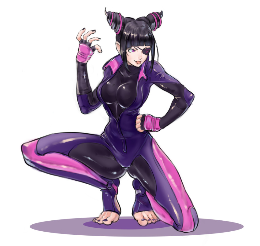 1girl bangs black_bodysuit black_hair black_nails bodysuit breasts closed_mouth eyepatch fingerless_gloves full_body gloves hair_ornament han_juri kyuuakaku nail_polish pink_eyes simple_background smile solo street_fighter street_fighter_v toeless_bodysuit toenail_polish toenails toes tongue tongue_out white_background