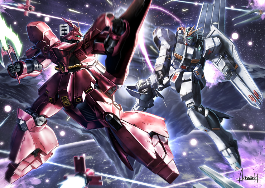 amasaki_yusuke axis_(gundam) battle beam_shield char's_counterattack commentary_request earth_(planet) explosion fin_funnels funnels_(gundam) glowing glowing_eye glowing_eyes green_eyes gundam holding holding_sword holding_weapon looking_back mecha mobile_suit motion_blur no_humans nu_gundam one-eyed planet robot sazabi science_fiction shield signature slashing space star_(sky) sword turning_head v-fin weapon