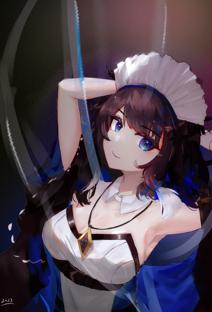 1girl absurdres arknights arms_up bare_shoulders black_hair blue_eyes breasts cleavage commentary_request detached_collar detached_sleeves dress fengyin highres jewelry kjera_(arknights) kjera_(ingenious_servant)_(arknights) large_breasts looking_at_viewer maid maid_headdress official_alternate_costume pendant short_hair smile solo strapless strapless_dress upper_body white_dress
