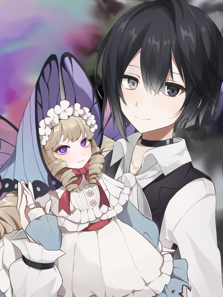 1boy 1girl absurdres black_eyes black_hair black_vest blonde_hair choker clock_over_orquesta collared_shirt doll fairy fairy_wings grey_eyes grey_hair heterochromia highres long_sleeves looking_at_viewer male_child multicolored_hair purple_eyes ringlets shirt short_hair tink_(clock_over_orquesta) tokito_reiji vest white_shirt wings zorimu