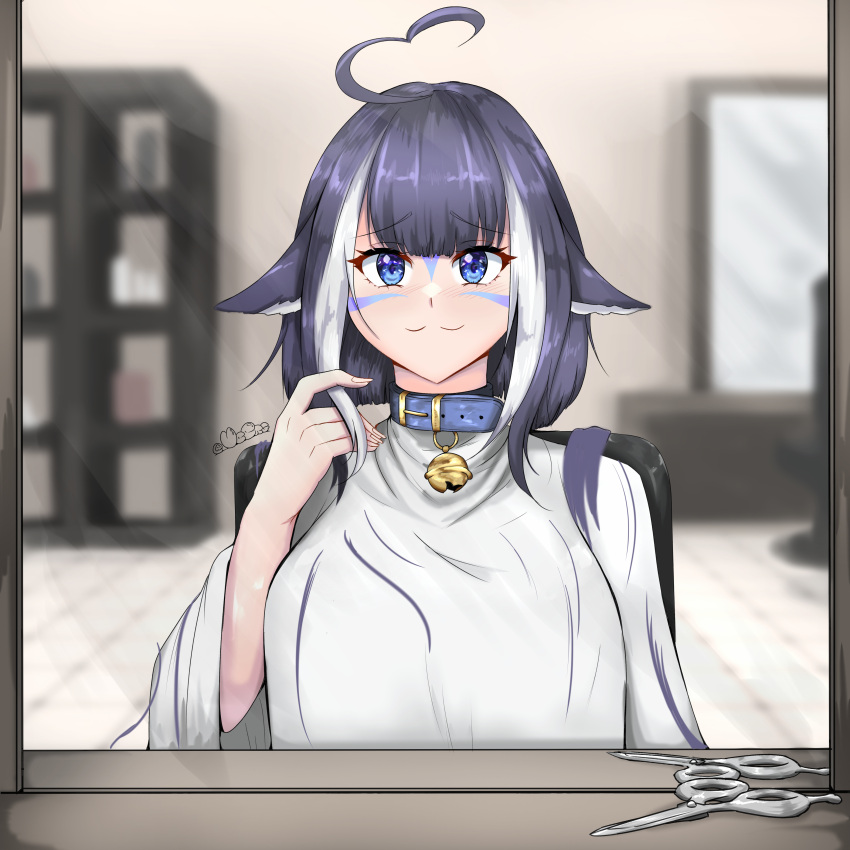 1girl :3 absurdres ahoge alternate_hair_length alternate_hairstyle bangs bell blue_eyes blue_hair blunt_bangs blunt_ends blush bob_cut body_markings cape cutting_hair dark_blue_hair facial_tattoo hair_salon heart heart_ahoge highres holding holding_hair indie_virtual_youtuber looking_at_viewer multicolored_hair neck_bell orca_girl reflection scissors severed_hair short_hair shylily sidelocks smile solo straight_hair streaked_hair tattoo virtual_youtuber whale_girl white_hair