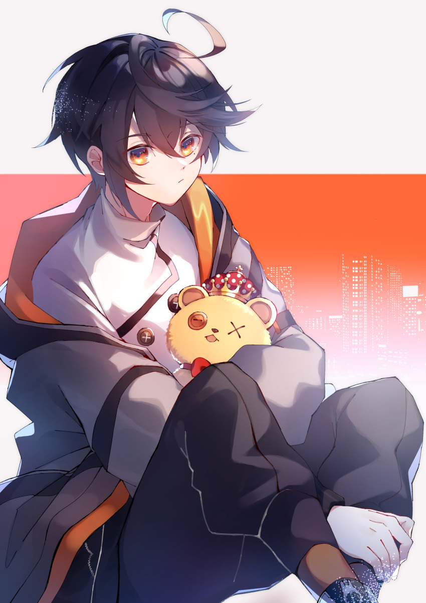 1boy absurdres ahoge black_hair black_pants clock_over_orquesta crown grey_jacket highres holding holding_stuffed_toy hood hood_down jacket long_sleeves looking_at_viewer male_focus mitk_game multicolored_background multicolored_clothes multicolored_jacket orange_background orange_eyes orange_jacket pants shirt solo stuffed_animal stuffed_toy teddy_bear tokito_ichiya turtleneck white_background white_shirt