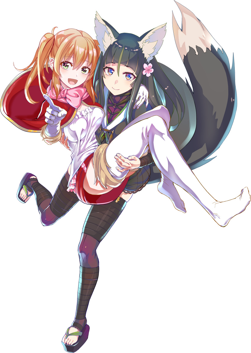 2girls absurdres animal_ears bangs black_hair blonde_hair blunt_bangs cape carrying closed_mouth dress flower fox_ears fox_girl fox_tail gloves green_eyes hair_flower hair_ornament highres kitsunegasaki_tametsugu_(tenka_hyakken) long_hair miyabi_(tenka_hyakken) multiple_girls open_mouth pink_scarf pointing red_footwear scarf standing standing_on_one_leg tail tamon_ketsuyuki tenka_hyakken twintails white_dress white_gloves