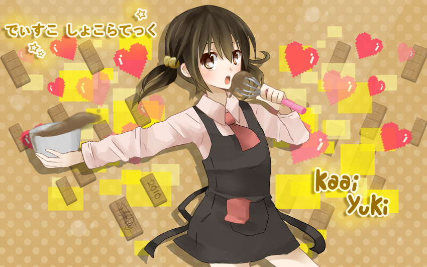 1girl apron black_apron black_eyes black_hair black_skirt bowl candy character_name chocolate chocolate_bar collared_shirt commentary disco_chocolatheque_(vocaloid) dough female_child food food-themed_background french_commentary hair_bobbles hair_ornament heart highres holding holding_bowl holding_whisk kaai_yuki light_brown_background long_sleeves looking_at_viewer looking_to_the_side mixed-language_commentary mixing_bowl necktie open_mouth pink_necktie pink_shirt pocket polka_dot polka_dot_background shirt signature skirt solo song_name star_(symbol) teeth translated twintails upper_teeth_only vocaloid whisk yunare