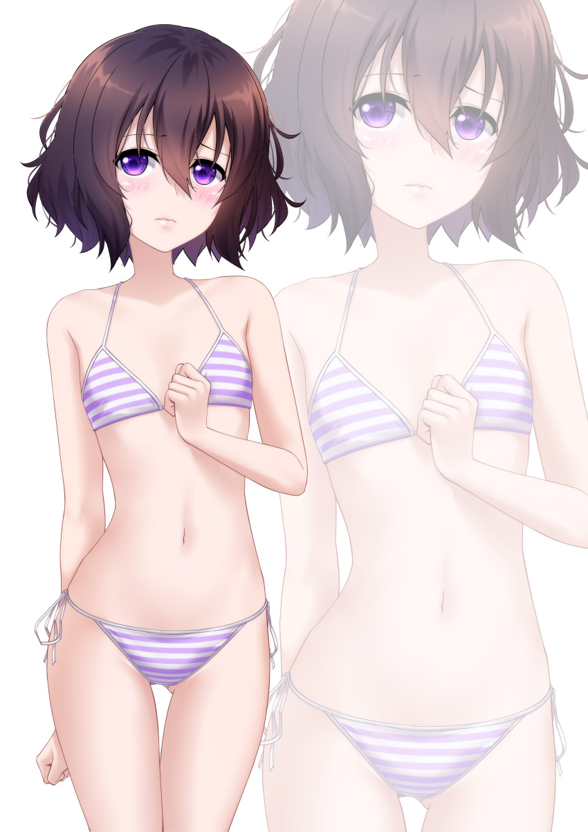1girl absurdres bikini blush breasts brown_hair closed_mouth highres levana_violette_(lusan666) lusan666 navel original purple_eyes short_hair small_breasts stomach striped striped_bikini swimsuit white_background