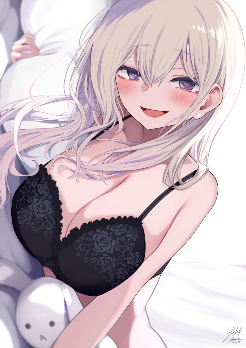1girl bangs bed_sheet black_bra blonde_hair blush bra breasts cleavage commentary_request gyaru hair_between_eyes heart heart-shaped_pupils highres kogal large_breasts long_hair looking_at_viewer lying on_bed on_side open_mouth original pillow purple_eyes sidelocks signature smile solo stuffed_animal stuffed_bunny stuffed_toy symbol-shaped_pupils underwear upper_body yuzuki_himuka