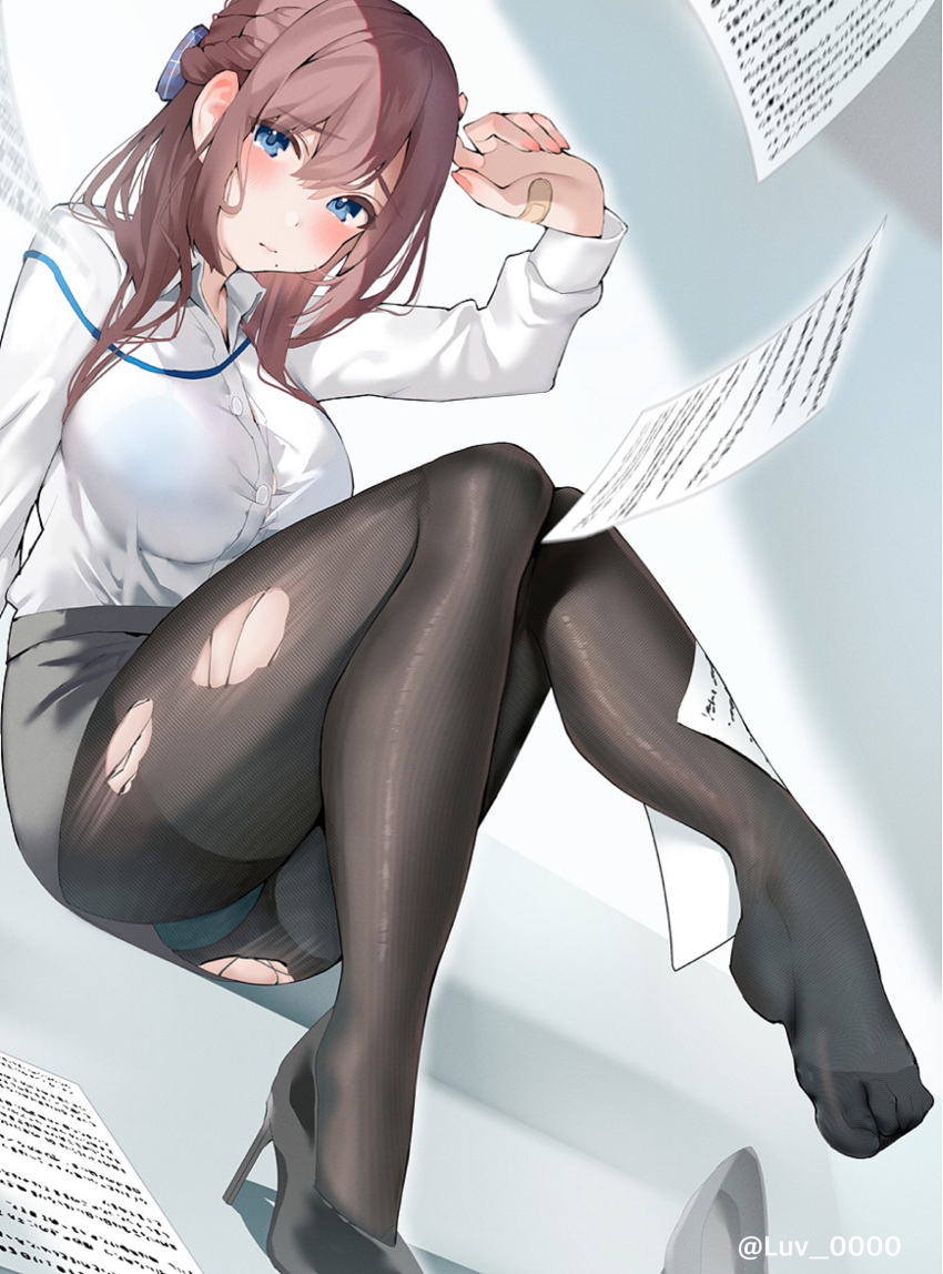 1girl black_footwear blue_eyes blush braid breasts brown_hair collared_shirt french_braid hair_between_eyes high_heels highres inushima lanyard large_breasts long_hair looking_at_viewer office_lady original panties pantyhose pantyshot paperwork pencil_skirt see-through shirt skirt solo thighband_pantyhose toes torn_clothes torn_pantyhose tripped underwear white_shirt