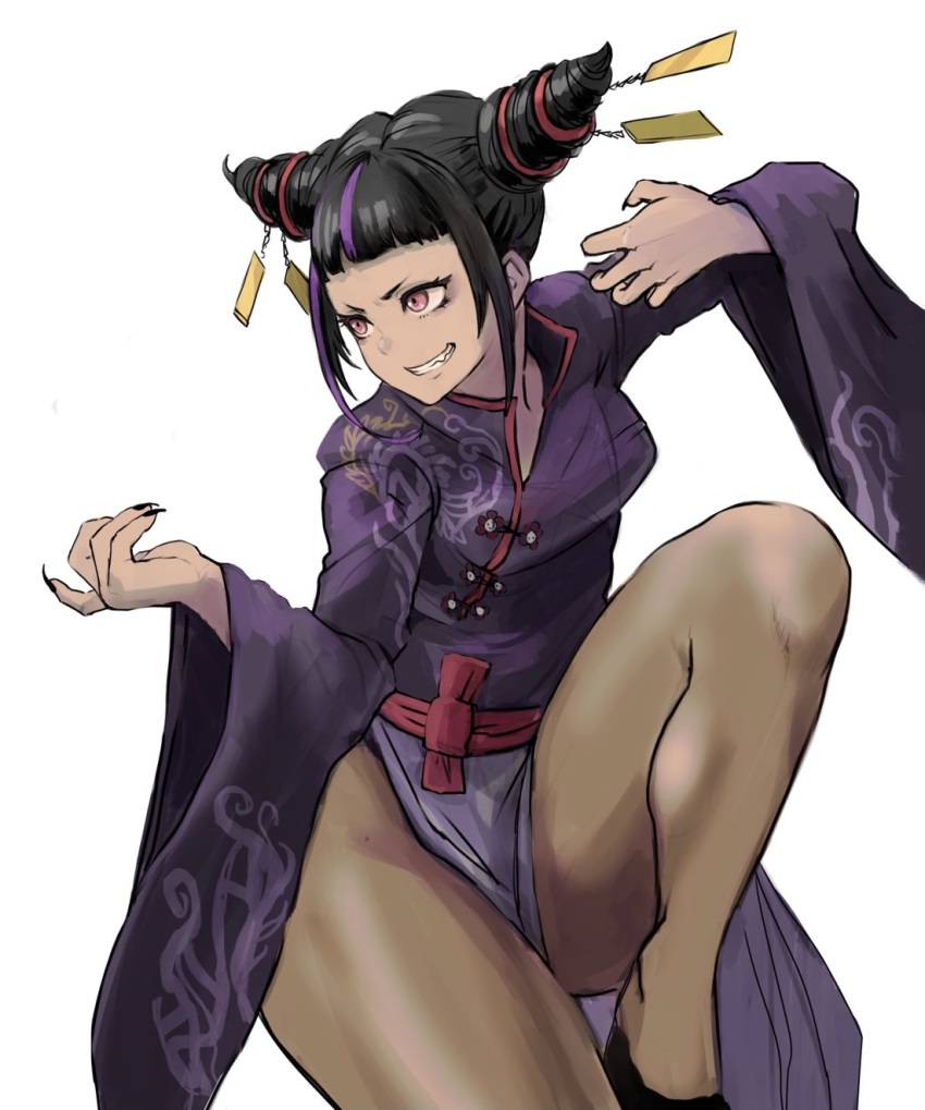 1girl 6maker :d bangs black_nails breasts china_dress chinese_clothes dress evil_grin evil_smile grin hair_ornament han_juri highres leg_up long_sleeves nail_polish pelvic_curtain pink_eyes purple_dress smile solo street_fighter street_fighter_v teeth thighs white_background