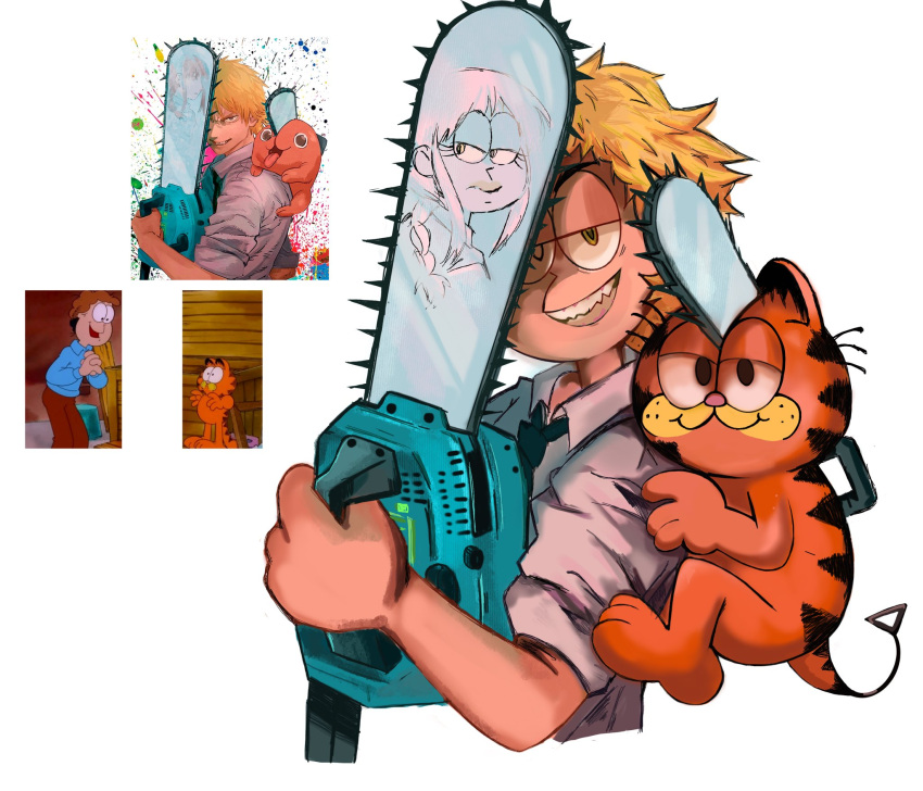 1boy 1girl black_eyes blonde_hair cat chainsaw chainsaw_man clue! commentary denji_(chainsaw_man) derivative_work english_commentary garfield garfield_(character) highres holding holding_chainsaw jim_davis_(style) jon_arbuckle makima_(chainsaw_man) pochita_(chainsaw_man) reflection shirt short_hair simple_background upper_body white_background white_shirt