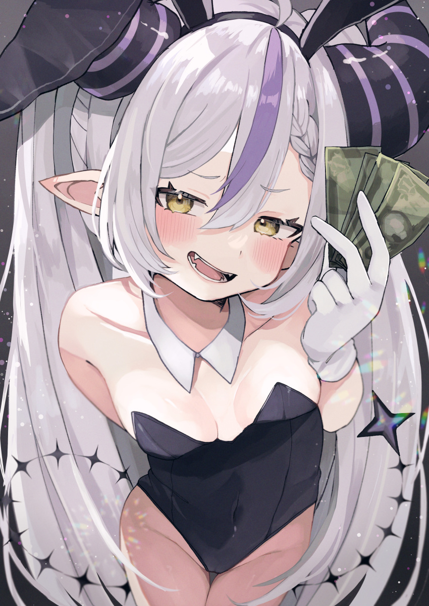 1girl absurdres animal_ears braid breasts covered_navel demon_girl demon_horns fake_animal_ears gloves highres holding holding_money hololive horns la+_darknesss money multicolored_hair mutsumi326 open_mouth playboy_bunny pointy_ears purple_hair rabbit_ears single_braid small_breasts solo streaked_hair striped_horns teeth virtual_youtuber white_hair yellow_eyes