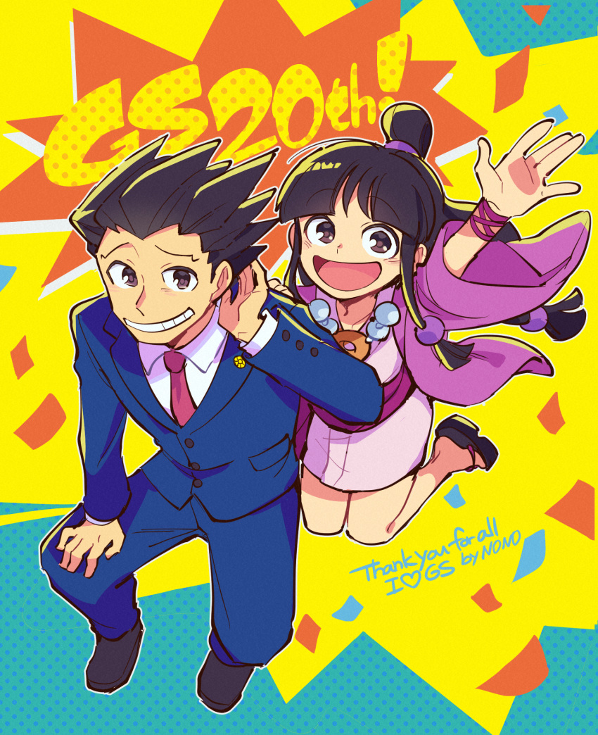 1boy 1girl :d ace_attorney arm_above_head arm_up bangs black_eyes black_hair blue_jacket blue_pants blunt_bangs collared_shirt formal full_body grin hair_ornament half_updo hanten_(clothes) highres jacket japanese_clothes jewelry jumping kimono long_hair long_sleeves looking_at_viewer magatama maya_fey necklace necktie nono_(norabi) obi open_mouth pants parted_bangs phoenix_wright pink_necktie pink_sash purple_jacket sash shirt shoes short_hair short_kimono sidelocks smile spiked_hair suit teeth white_kimono white_shirt