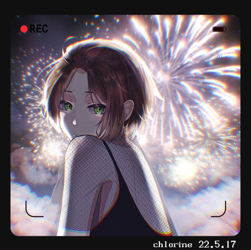 1boy absurdres azusawa_mito brown_hair clock_over_orquesta closed_mouth eyewear_removed fake_screenshot fireworks fishnet_top fishnets green_eyes highres looking_at_viewer looking_back male_focus recording shade_(pixiv76516821) solo
