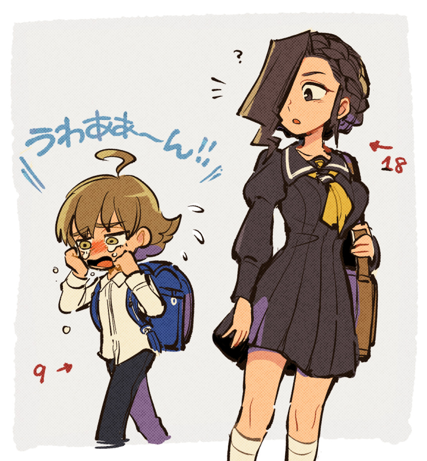 1boy 1girl ? ace_attorney ace_attorney_investigations ace_attorney_investigations_2 age_difference aged_down ahoge alternate_costume backpack bag black_dress braid brown_eyes brown_hair crying crying_with_eyes_open dress flipped_hair flying_sweatdrops hair_over_one_eye highres ichiyanagi_yumihiko long_hair long_sleeves looking_at_another mikagami_hakari neckerchief nono_(norabi) open_mouth pleated_dress sailor_collar sailor_dress school_uniform shirt short_hair tears walking yellow_neckerchief