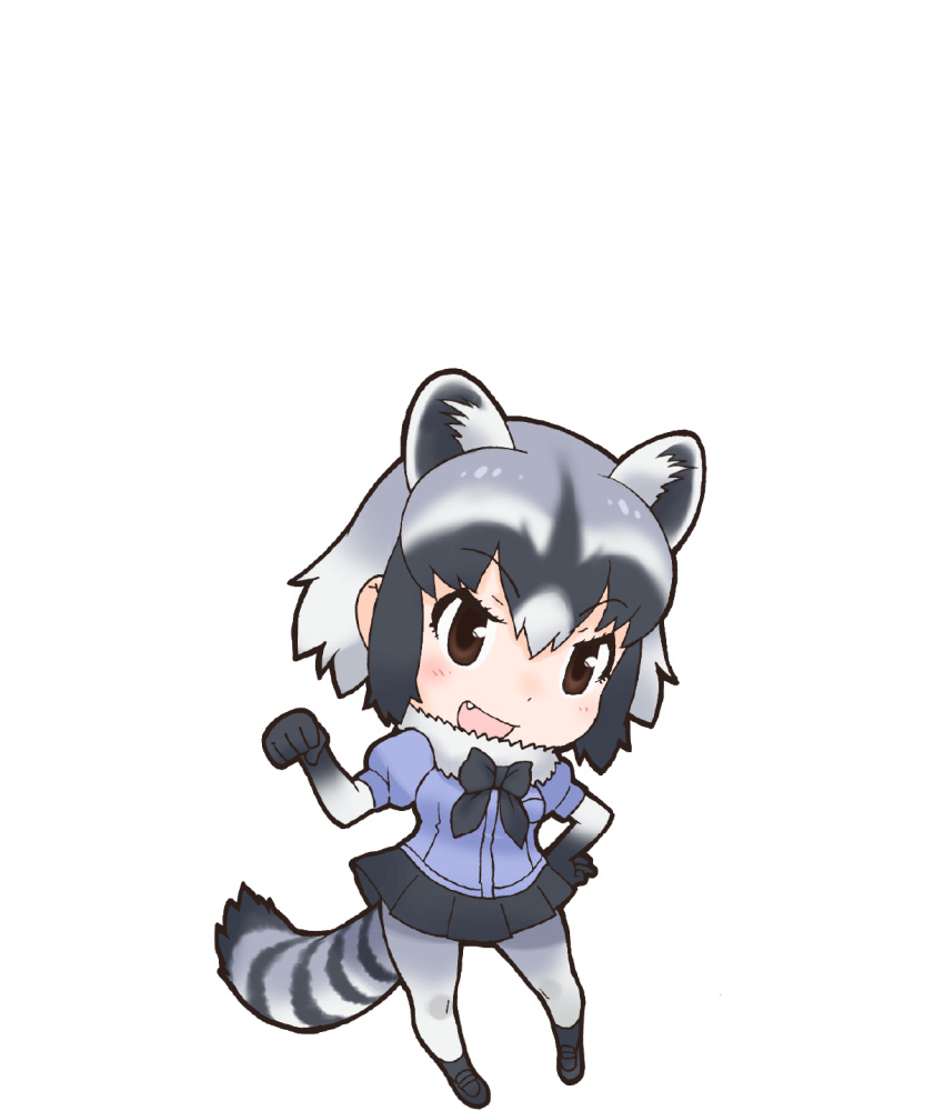 1girl animal_ears black_eyes bow bowtie common_raccoon_(kemono_friends) elbow_gloves extra_ears gloves grey_hair highres kemono_friends kneehighs looking_at_viewer official_art open_mouth raccoon_ears raccoon_girl raccoon_tail shirt shoes short_hair skirt socks solo tail transparent_background yoshizaki_mine