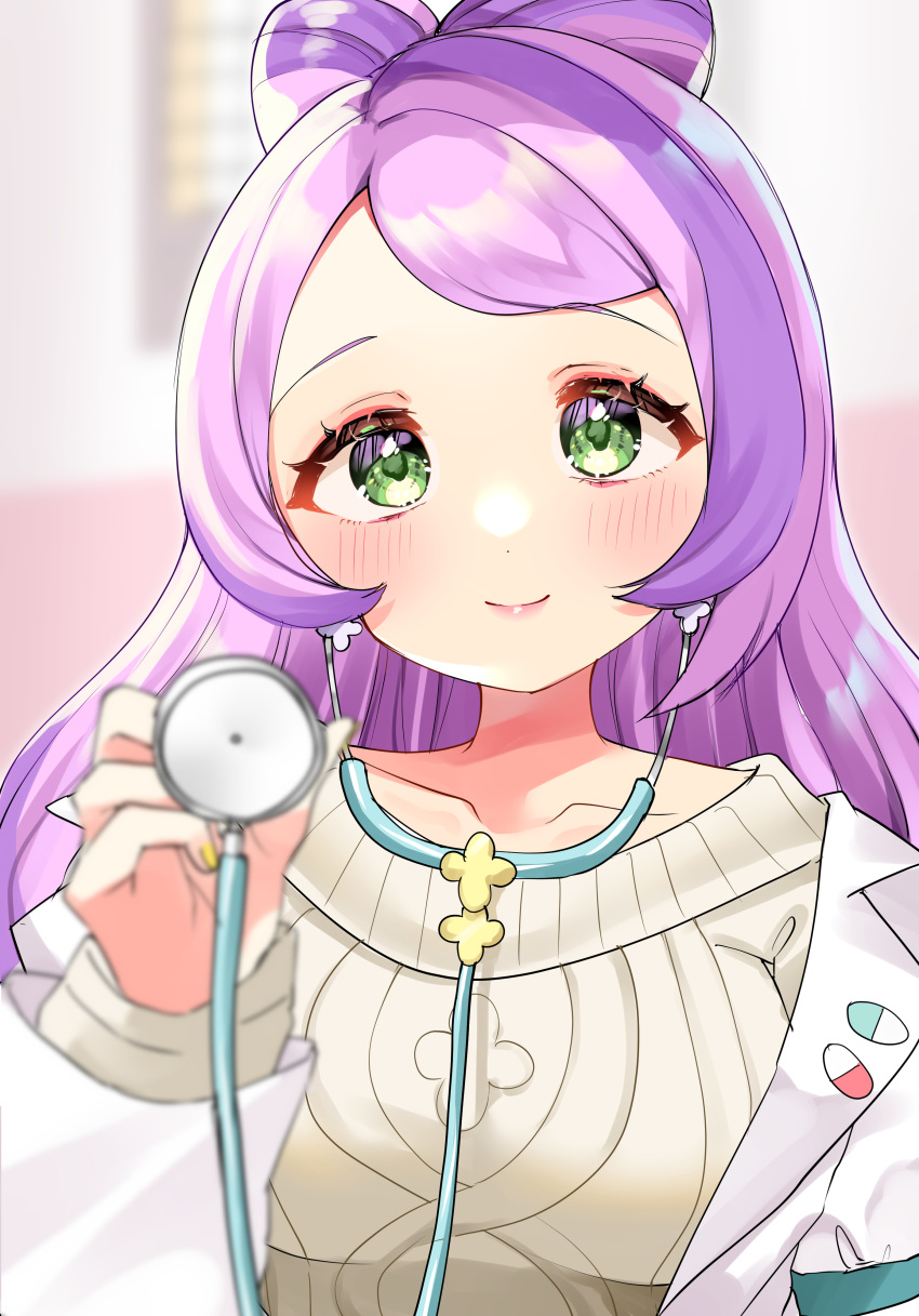 1girl absurdres bangs blurry blush closed_mouth coat collarbone commentary_request eyelashes eyeshadow gateau_scr green_eyes highres holding long_hair makeup miriam_(pokemon) open_clothes open_coat pink_eyeshadow pokemon pokemon_(game) pokemon_sv purple_hair smile solo stethoscope sweater upper_body white_coat yellow_sweater