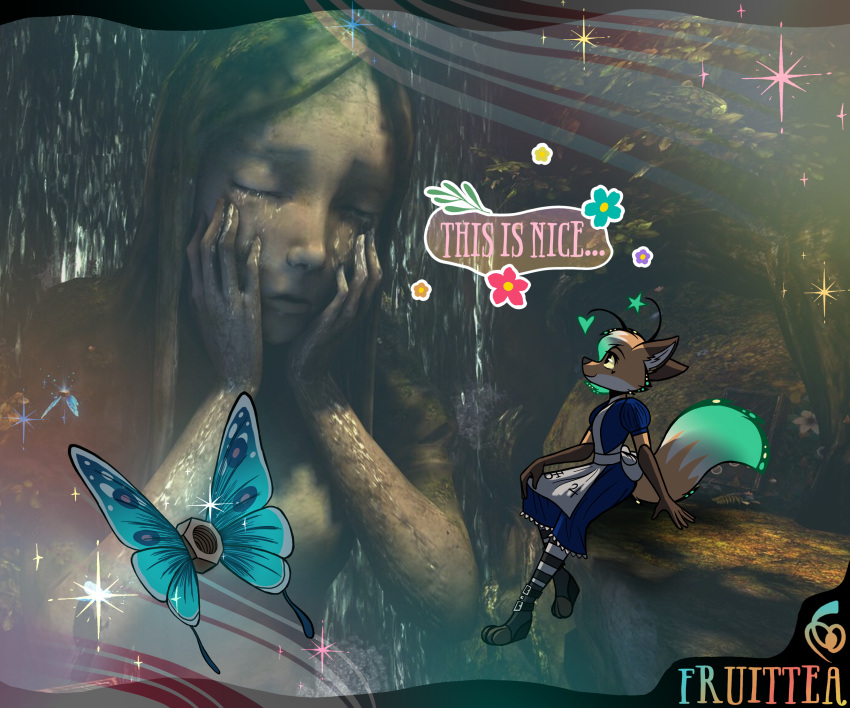2025 5_fingers accessory alice_madness_returns antennae_(anatomy) anthro arthropod artist_name asian_clothing blue_clothing bottomwear butterfly canid canine cheek_markings clothing colored dancing digital_drawing_(artwork) digital_media_(artwork) dipstick_ears ear_markings english_text eyebrows facial_markings femboy fingers flower footwear fox fruittea fur gloves_(marking) green_hair grey_body grey_fur grey_inner_ear_fluff hair head_markings head_tuft heart_symbol hi_res inner_ear_fluff insect lepidopteran male mammal markings multicolored_body multicolored_ears multicolored_fur nut_(hardware) orange_body orange_fur plant portrait rock sculpture seraph_(fruittea) signature skirt smile socks solo sparkles standing star statue text topwear tree tuft waist_bow