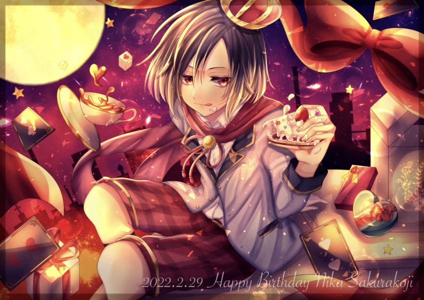 1boy absurdres androgynous blonde_hair brown_hair cake character_name clock_over_orquesta crown dated facing_viewer food happy_birthday highres holding holding_cake holding_food icing looking_at_viewer male_child male_focus mesi2_mesia mini_crown multicolored_hair red_eyes sakurakoji_nika solo tongue tongue_out