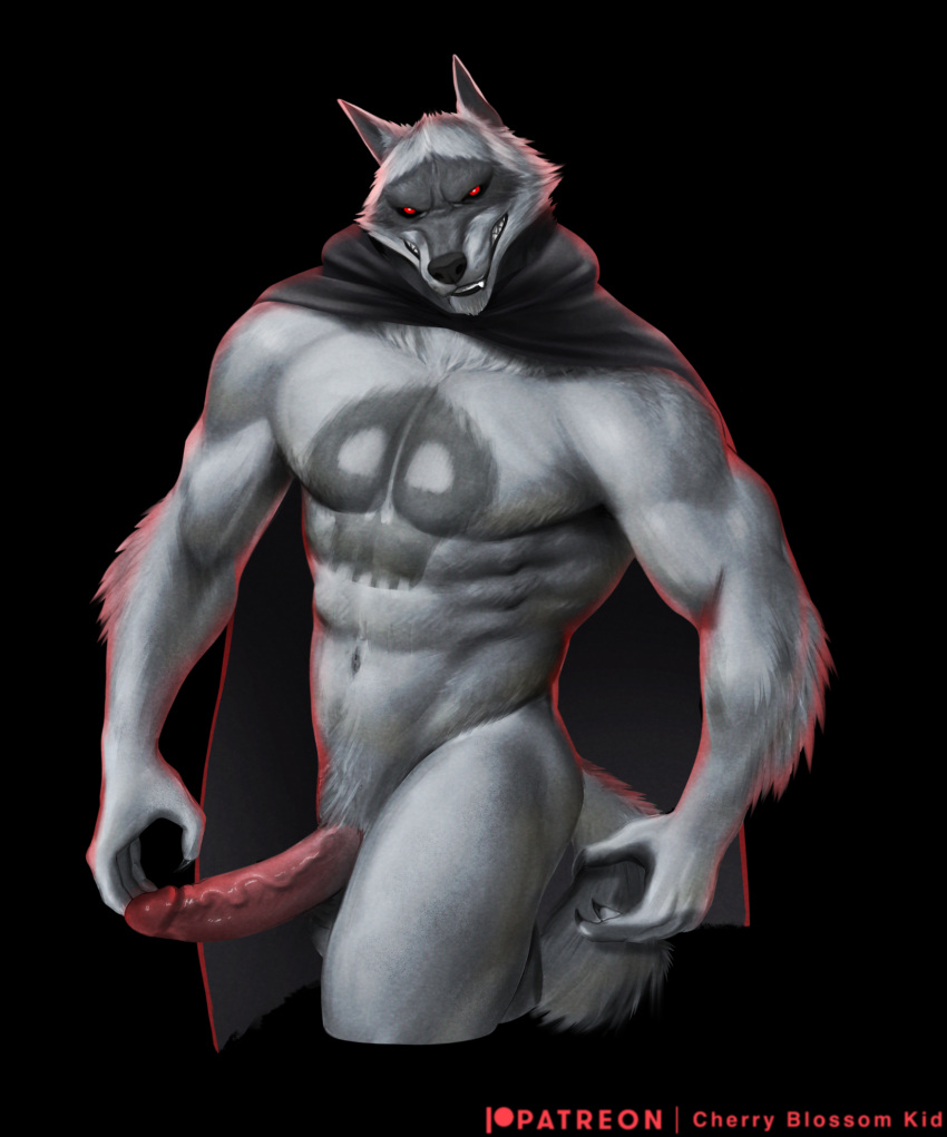 2023 anthro balls black_background black_nose canid canine canis cherry_blossom_kid cloak clothing death_(puss_in_boots) digital_media_(artwork) fur genitals grey_body grey_fur hi_res humanoid_genitalia humanoid_penis male mammal muscular muscular_anthro muscular_male penis puss_in_boots_the_last_wish red_eyes simple_background solo wolf