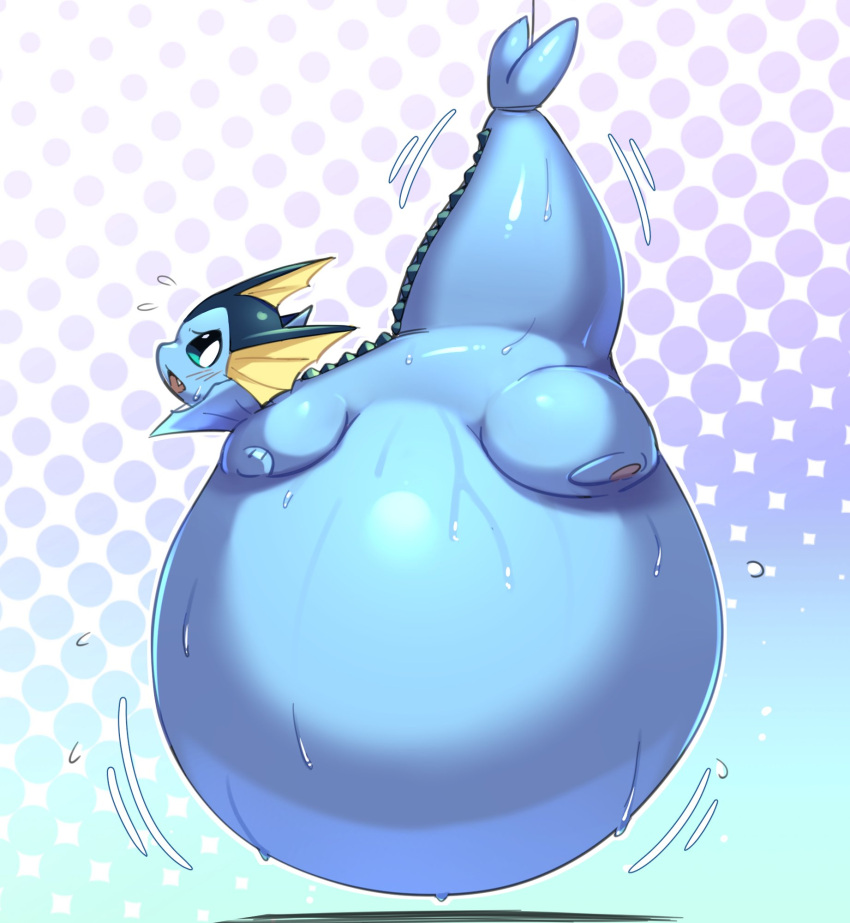 ambiguous_gender belly big_belly bodily_fluids eeveelution feral generation_1_pokemon hanging_belly hanging_by_tail hi_res hyper hyper_belly looking_back nintendo pokemon pokemon_(species) solo sweat tail unknown_artist vaporeon