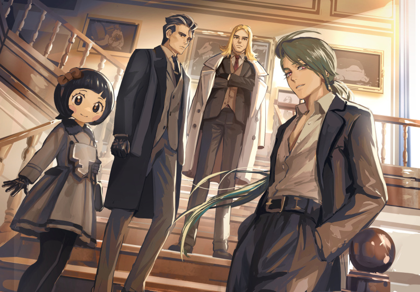 2boys 2girls ahoge bangs belt black_coat black_gloves black_pantyhose blonde_hair buttons character_print clodsire coat coat_on_shoulders collared_shirt commentary_request dress from_below gloves green_hair grey_dress grey_pants hassel_(pokemon) highres indoors larry_(pokemon) long_hair long_sleeves looking_at_viewer multiple_boys multiple_girls necktie open_clothes open_coat painting_(object) pants pantyhose pokemon pokemon_(game) pokemon_sv ponytail poppy_(pokemon) rika_(pokemon) rott_ur shirt stairs standing