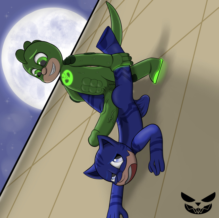 abs blue_eyes bulge catboy_(pjmasks) clothed clothing commissioned duo erection erection_under_clothing felid feline from_behind_position gecko gekko_(pjmasks) genitals green_eyes hero hi_res holding_both_legs human hyper hyper_genitalia light lizard male male/male mammal mask moon moonlight muscular night on_wall pajamas penis pepperbunny pj_masks questionable_consent reptile scales scalie sex tail tenting tight_clothing vein veiny_penis wall_(structure) watermark wheelbarrow_position young