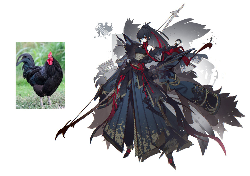 1girl absurdres arrow_(projectile) bird black_hair bow_(weapon) chicken comparison highres holding holding_bow_(weapon) holding_weapon humanization japanese_clothes long_hair multicolored_hair original pale_skin personification photo_inset quiver real_life red_eyes red_hair reference_inset rooster sarashi shiba_(s_hi_ba_) two-tone_hair weapon