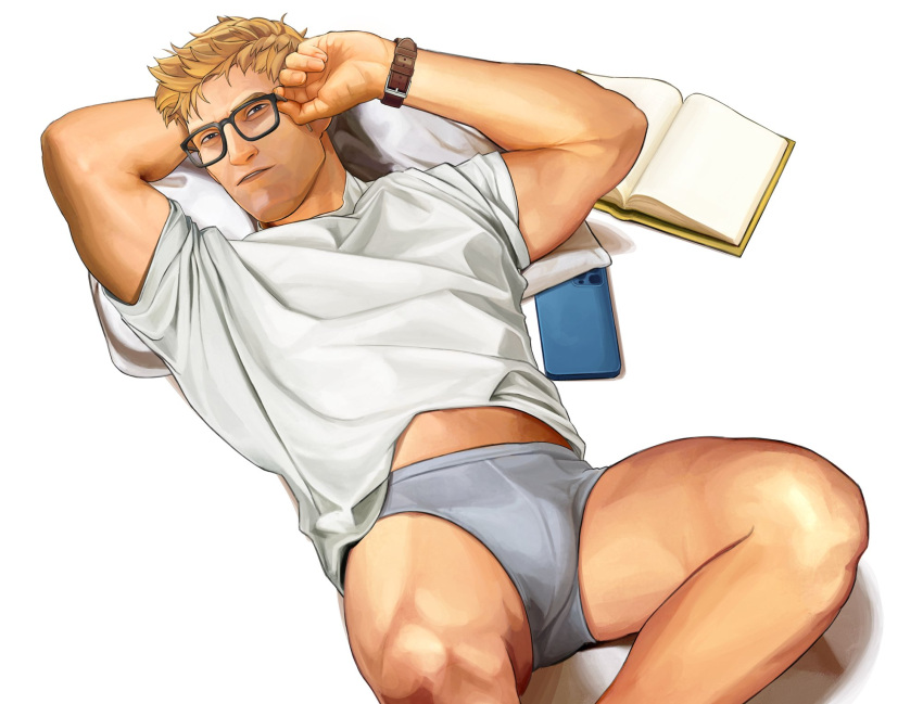 1boy adjusting_eyewear bara blonde_hair book briefs glasses grey_male_underwear highres lying male_focus male_underwear muscular muscular_male nez on_back open_book overwatch overwatch_1 phone pillow shirt short_hair simple_background soldier:_76_(overwatch) thick_thighs thighs underwear white_background white_shirt