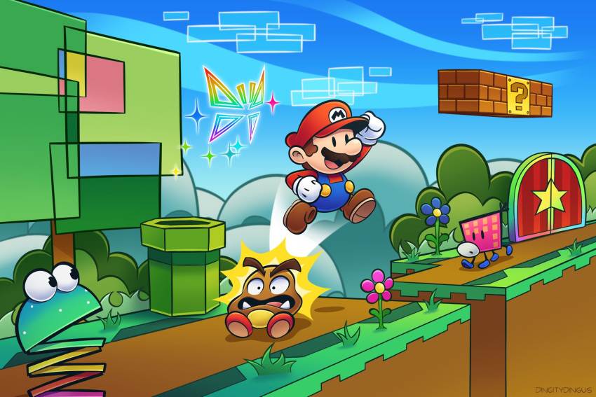 1boy :d ?_block arm_up artist_name block blue_overalls blue_pants blue_sky brown_footwear brown_hair bush buttons cloud commentary door english_commentary facial_hair full_body gloves goomba grass hat highres hill jumping long_sleeves mario mario_(series) mustache open_mouth overalls pants paper_mario red_headwear red_shirt sharp_teeth shirt shoes short_hair sky smile solid_oval_eyes sparkle sproing-oing squiglet star_(symbol) super_paper_mario teeth tippi_(paper_mario) tree tusks vinny_(dingitydingus) warp_pipe white_gloves