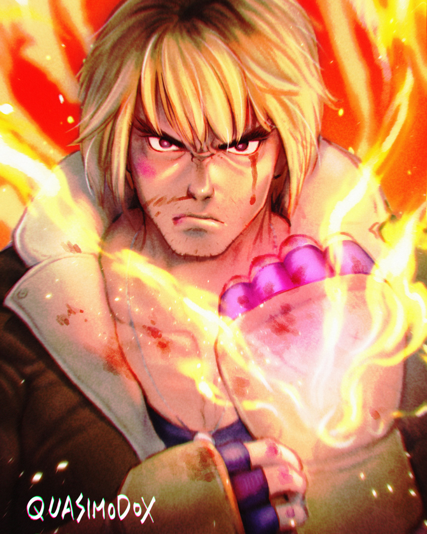 1boy absurdres blonde_hair blood blood_on_clothes brown_jacket commentary dog_tags english_commentary facial_hair fingerless_gloves fire gloves hair_dye highres jacket ken_masters leather leather_jacket male_focus mismatched_eyebrows nosebleed padded_gloves portrait quasimodox serious short_hair solo street_fighter street_fighter_6 stubble thick_eyebrows you_gonna_get_raped