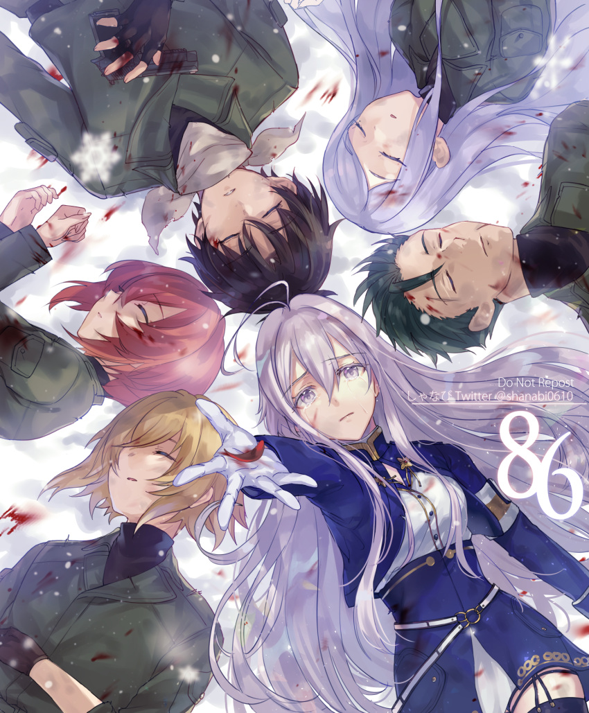 3boys 3girls 86_-eightysix- anju_emma arm_up bangs black_gloves black_hair blonde_hair blood blood_on_face bruise bruise_on_face closed_eyes closed_mouth copyright_name dress_shirt fingerless_gloves from_above gloves green_hair green_jacket grey_eyes grey_hair hair_between_eyes highres injury jacket kurena_kukumila long_hair long_sleeves lying military military_uniform miniskirt multiple_boys multiple_girls on_back outstretched_arm outstretched_hand raiden_shuga reaching_towards_viewer red_hair shanabi0610 shinei_nouzen shirt short_hair shrug_(clothing) skirt solo straight_hair theoto_rikka twitter_username underbust uniform very_long_hair vladilena_millize white_gloves white_shirt white_skirt