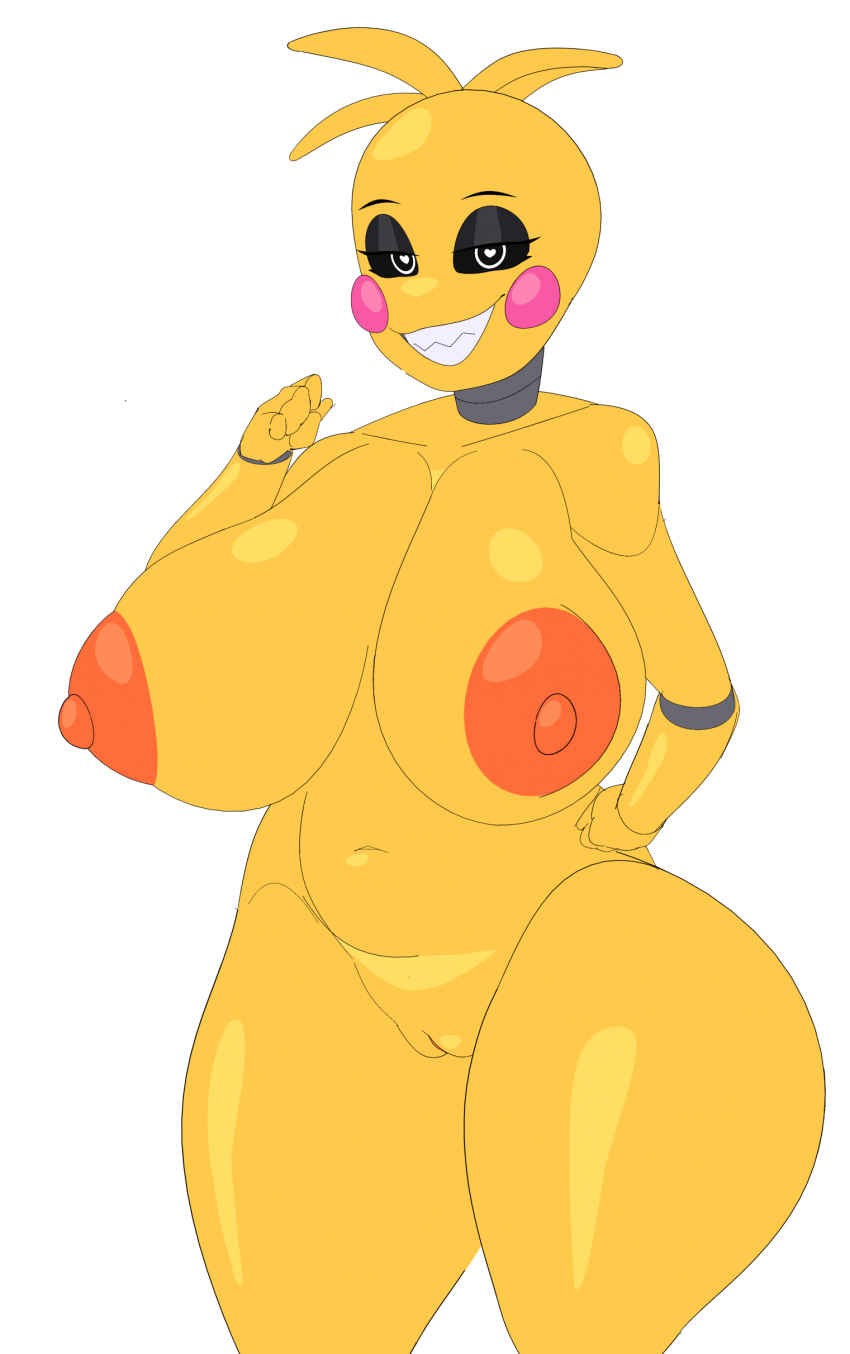 &lt;3_pupils absurd_res animatronic anthro areola avian beakless bedroom_eyes big_breasts bird black_sclera blush blush_stickers breasts chicken cytrusawa female five_nights_at_freddy's five_nights_at_freddy's_2 galliform gallus_(genus) genitals hi_res huge_breasts huge_hips huge_thighs machine narrowed_eyes navel nipples non-mammal_breasts nude orange_areola orange_nipples phasianid pussy robot scottgames seductive smile solo thick_thighs toy_chica_(fnaf) wide_hips yellow_body