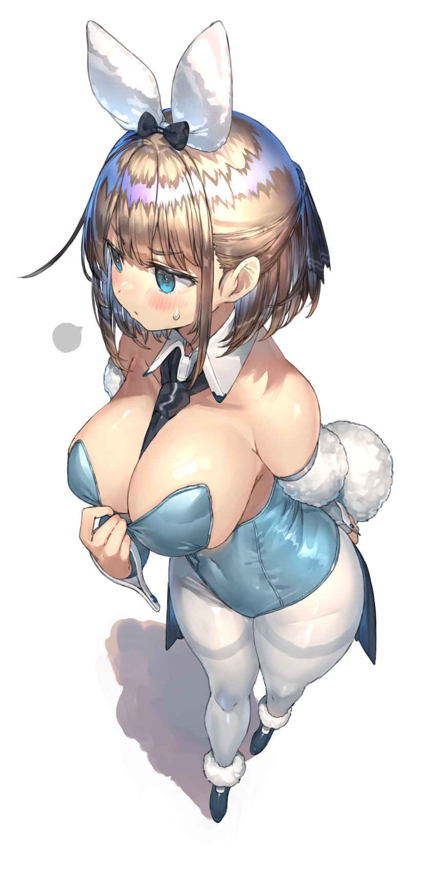 1girl absurdres animal_ears bare_shoulders between_breasts black_bow black_necktie blue_eyes blue_leotard blush bow breasts brown_hair cleavage collarbone covered_navel detached_collar fake_animal_ears fake_tail full_body hair_bow highres large_breasts leotard looking_away looking_to_the_side necktie necktie_between_breasts original pantyhose playboy_bunny rabbit_ears rabbit_tail ranf short_hair solo standing strapless strapless_leotard sweatdrop tail thighband_pantyhose v-shaped_eyebrows white_pantyhose