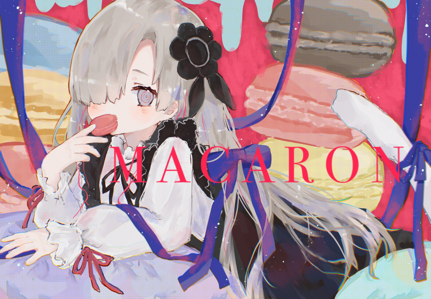 1girl absurdres bangs black_dress black_flower black_ribbon blue_ribbon dress feet_up flower food food_in_mouth foot_out_of_frame frilled_sleeves frills grey_eyes grey_hair hair_flower hair_ornament hair_over_one_eye hand_up highres isekai_joucho kamitsubaki_studio light_blush long_hair long_sleeves looking_at_viewer lying macaron mouth_hold multicolored_eyes neck_ribbon on_stomach oversized_food pantyhose red_eyes red_ribbon ribbon ringed_eyes sleeve_ribbon solo song_name uzuki_0420m white_pantyhose