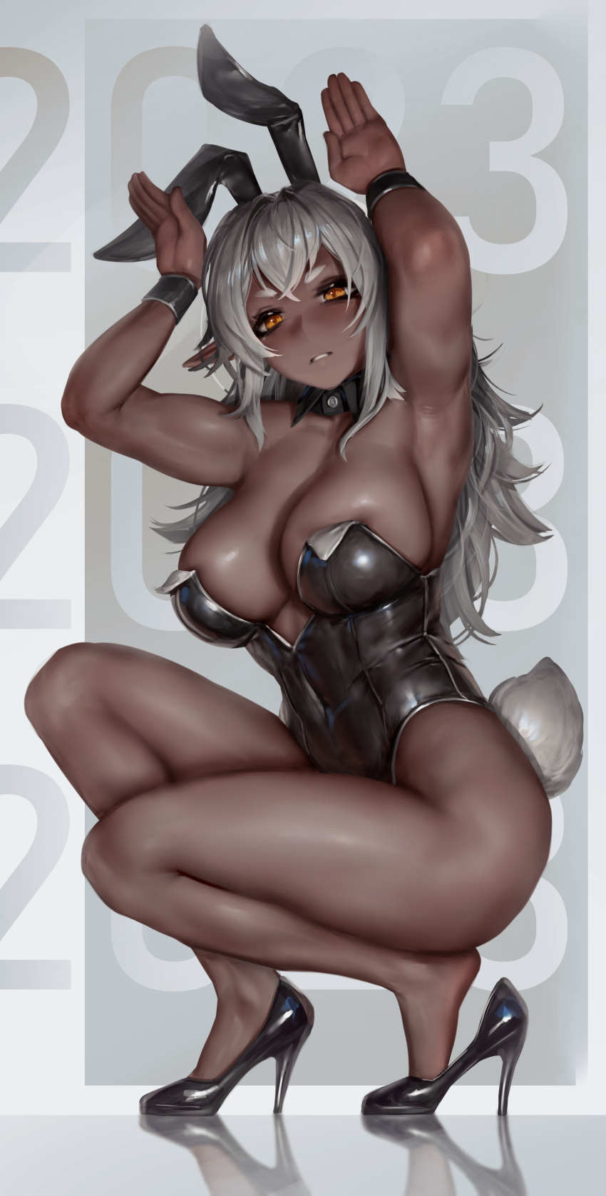 1girl 2023 absurdres animal_ears armpits arms_up bangs bare_arms bare_legs bare_shoulders biceps black_footwear black_leotard breasts bunny_pose chinese_zodiac cleavage covered_navel dark-skinned_female dark_elf dark_skin detached_collar elf english_commentary fake_animal_ears fake_tail from_side full_body high_heels highleg highleg_leotard highres large_breasts legs leotard long_hair long_pointy_ears looking_at_viewer numanoan original parted_lips playboy_bunny pointy_ears rabbit_ears rabbit_tail reflective_floor shiny_skin sidelocks solo squatting strapless strapless_leotard tail thick_eyebrows very_dark_skin white_hair wrist_cuffs year_of_the_rabbit yellow_eyes