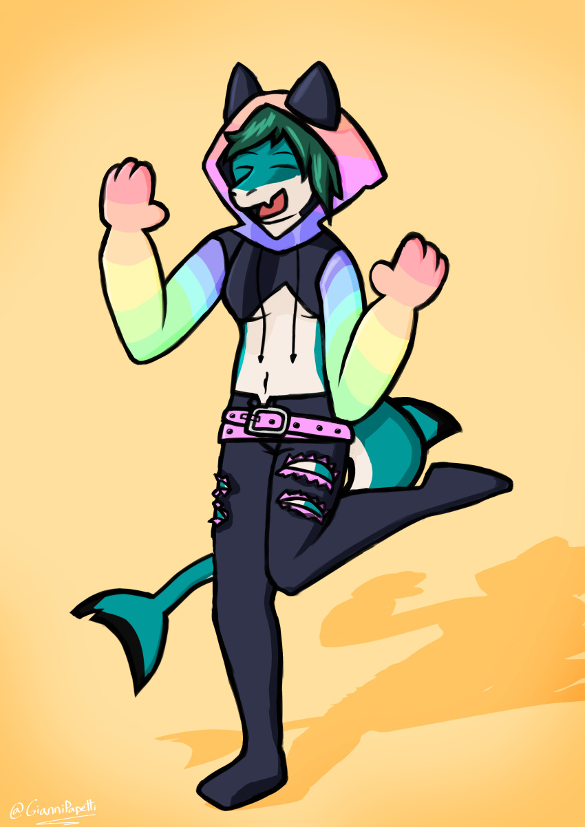 2023 absurd_res anthro belt blacktip_shark breasts carcharhinus clothed clothing countershading digital_drawing_(artwork) digital_media_(artwork) eyes_closed female fish full-length_portrait giannipapetti green_hair hair hi_res hoodie marine midriff multicolored_body multicolored_clothing open_mouth piper_(giannipapetti) portrait requiem_shark shark signature simple_background smile solo teal_body topwear torn_clothing